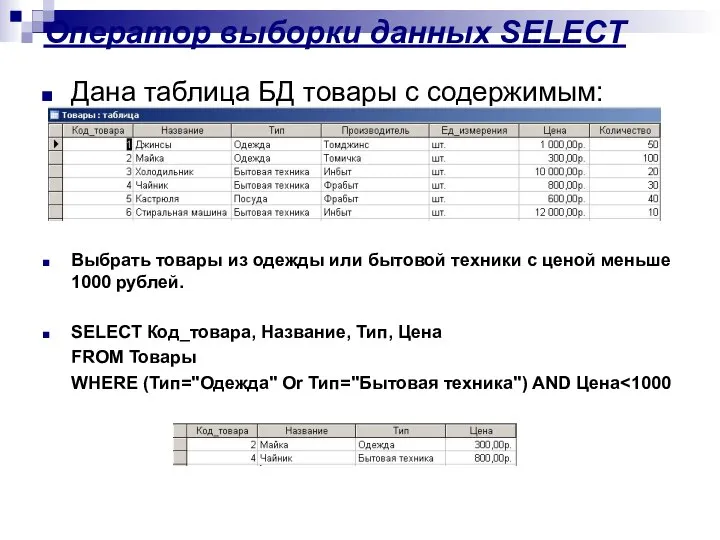 Оператор выборки данных SELECT Дана таблица БД товары с содержимым: Выбрать