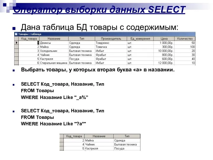 Оператор выборки данных SELECT Дана таблица БД товары с содержимым: Выбрать