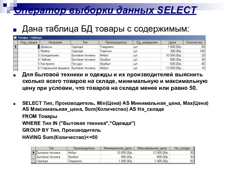 Оператор выборки данных SELECT Дана таблица БД товары с содержимым: Для