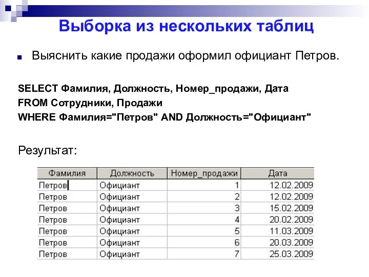 Выборка из нескольких таблиц Выяснить какие продажи оформил официант Петров. SELECT