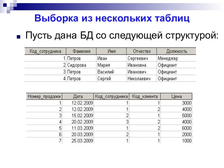 Выборка из нескольких таблиц Пусть дана БД со следующей структурой: