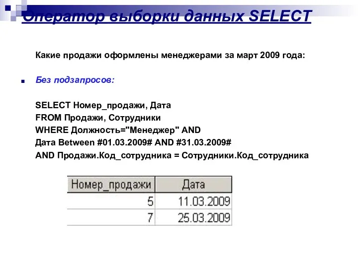 Оператор выборки данных SELECT Какие продажи оформлены менеджерами за март 2009