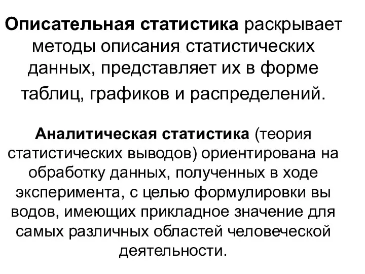 Описательная статистика раскрывает методы описания статистических данных, представляет их в форме