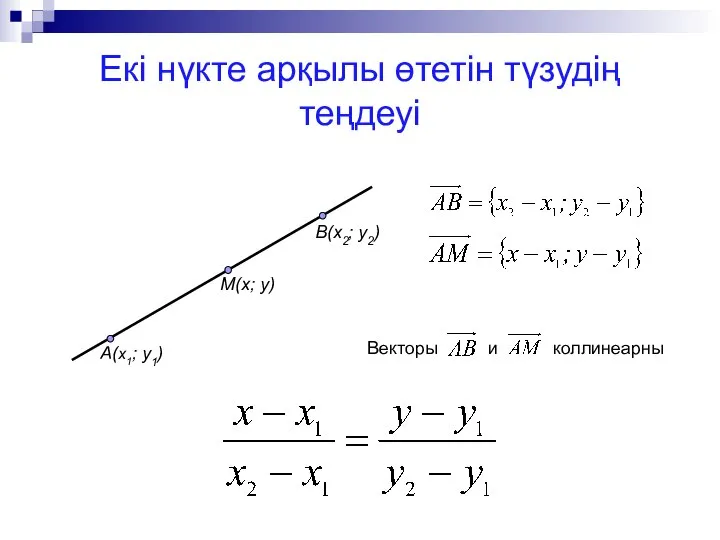 Екі нүкте арқылы өтетін түзудің теңдеуі A(x1; y1) M(x; y) B(x2; y2)