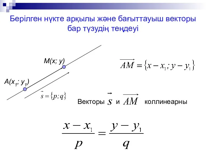 Берілген нүкте арқылы және бағыттауыш векторы бар түзудің теңдеуі A(x1; у1) M(x; y)