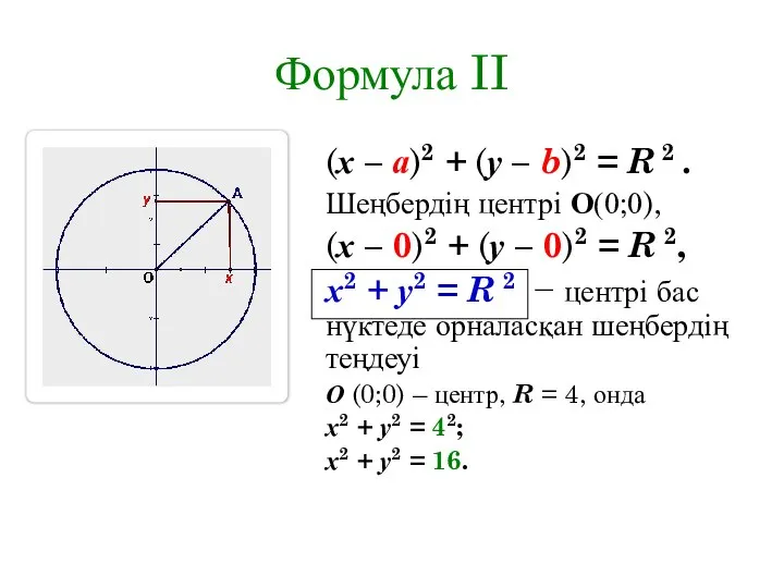 Формула II (х – а)2 + (у – b)2 = R