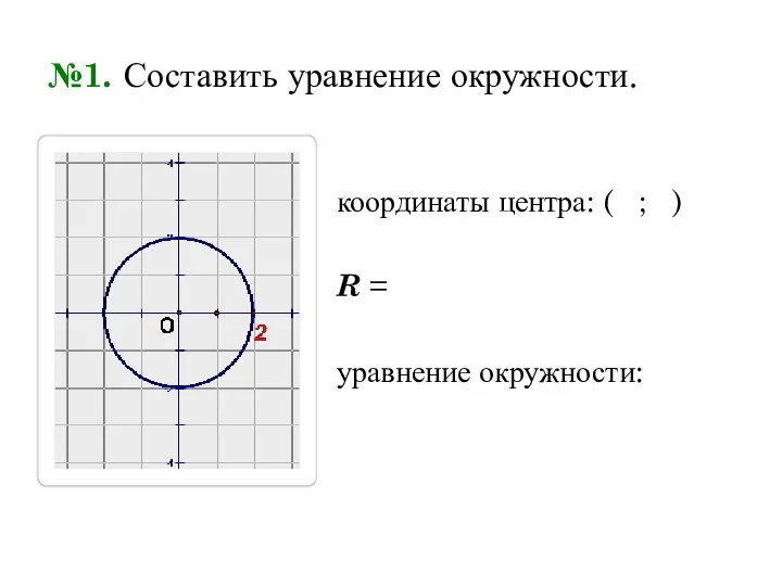 №1. Составить уравнение окружности. координаты центра: ( ; ) R = уравнение окружности: