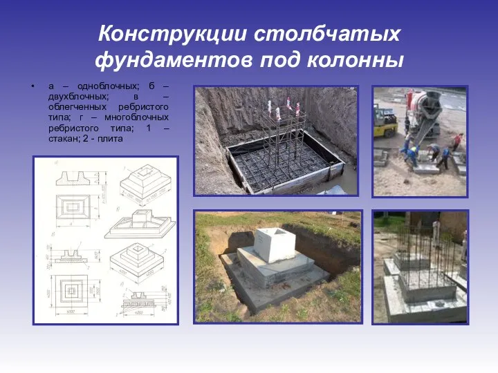 Конструкции столбчатых фундаментов под колонны а – одноблочных; б – двухблочных;