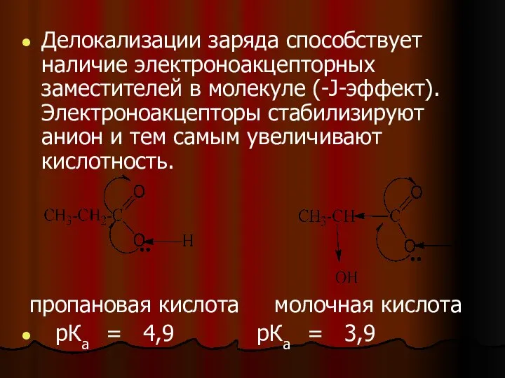 Делокализации заряда способствует наличие электроноакцепторных заместителей в молекуле (-J-эффект). Электроноакцепторы стабилизируют