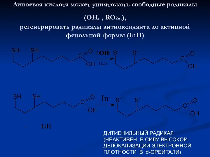 Липоевая кислота может уничтожать свободные радикалы (ОН. , RO2..), регенерировать радикалы