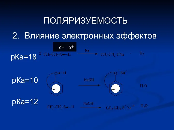 ПОЛЯРИЗУЕМОСТЬ 2. Влияние электронных эффектов δ- δ+ рКа=18 рКа=10 рКа=12