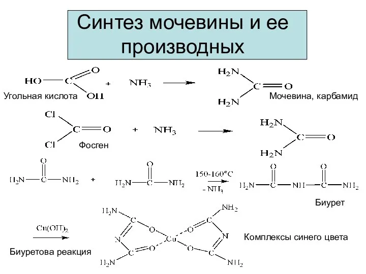 Синтез мочевины и ее производных Мочевина, карбамид Биурет Биуретова реакция Комплексы синего цвета Угольная кислота Фосген