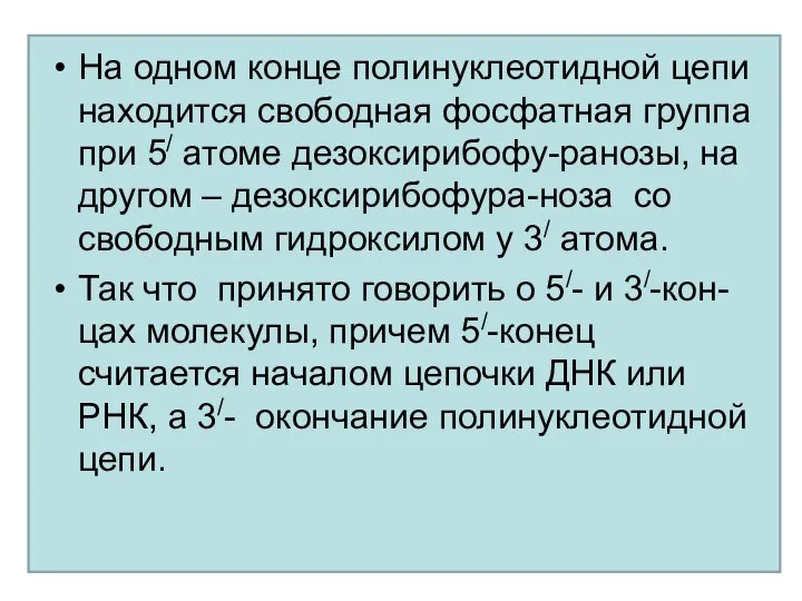 На одном конце полинуклеотидной цепи находится свободная фосфатная группа при 5/