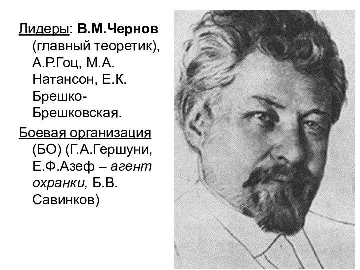 Лидеры: В.М.Чернов (главный теоретик), А.Р.Гоц, М.А.Натансон, Е.К.Брешко-Брешковская. Боевая организация (БО) (Г.А.Гершуни, Е.Ф.Азеф – агент охранки, Б.В.Савинков)