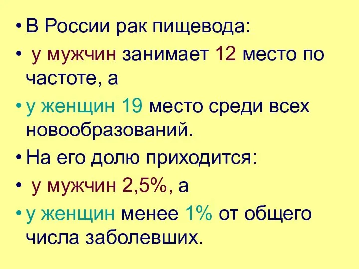 В России рак пищевода: у мужчин занимает 12 место по частоте,
