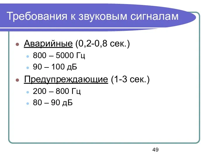 Требования к звуковым сигналам Аварийные (0,2-0,8 сек.) 800 – 5000 Гц