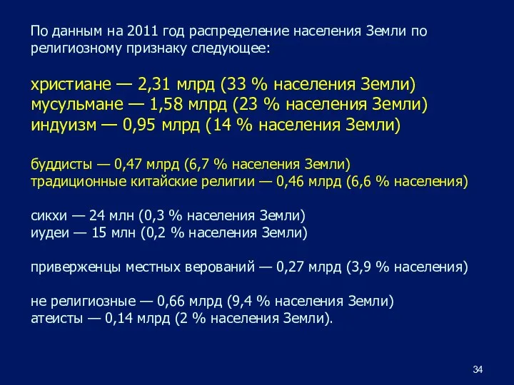 По данным на 2011 год распределение населения Земли по религиозному признаку