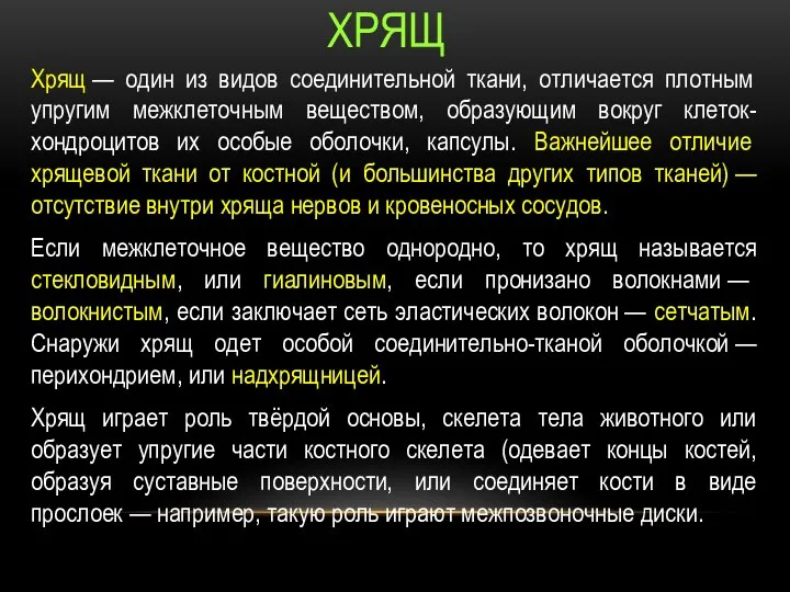 ХРЯЩ Хрящ — один из видов соединительной ткани, отличается плотным упругим