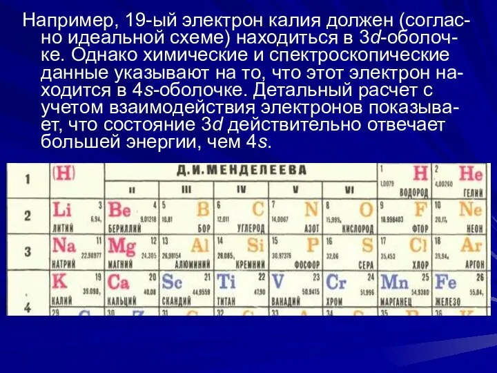 Например, 19-ый электрон калия должен (соглас-но идеальной схеме) находиться в 3d-оболоч-ке.