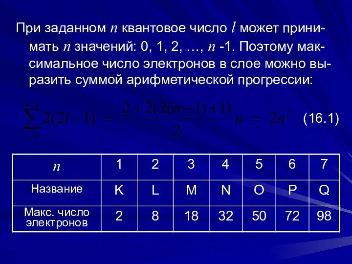 При заданном n квантовое число l может прини-мать n значений: 0,