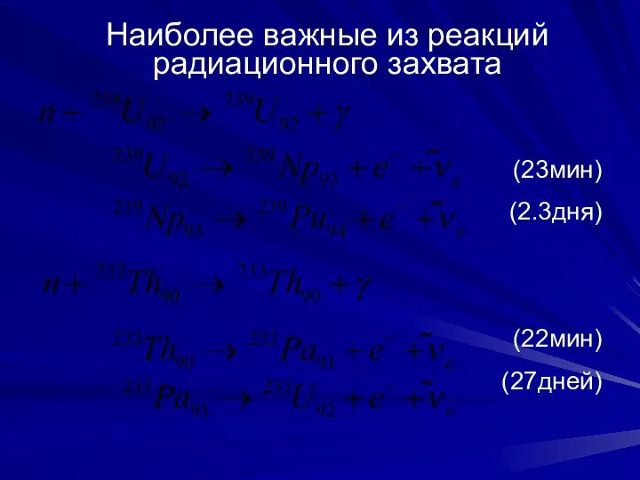 Наиболее важные из реакций радиационного захвата (23мин) (2.3дня) (22мин) (27дней)