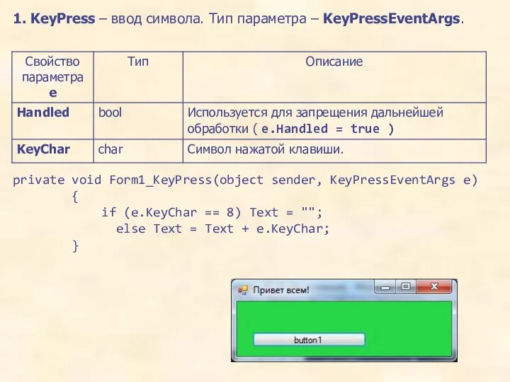 1. KeyPress – ввод символа. Тип параметра – KeyPressEventArgs. private void