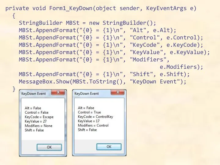 private void Form1_KeyDown(object sender, KeyEventArgs e) { StringBuilder MBSt = new