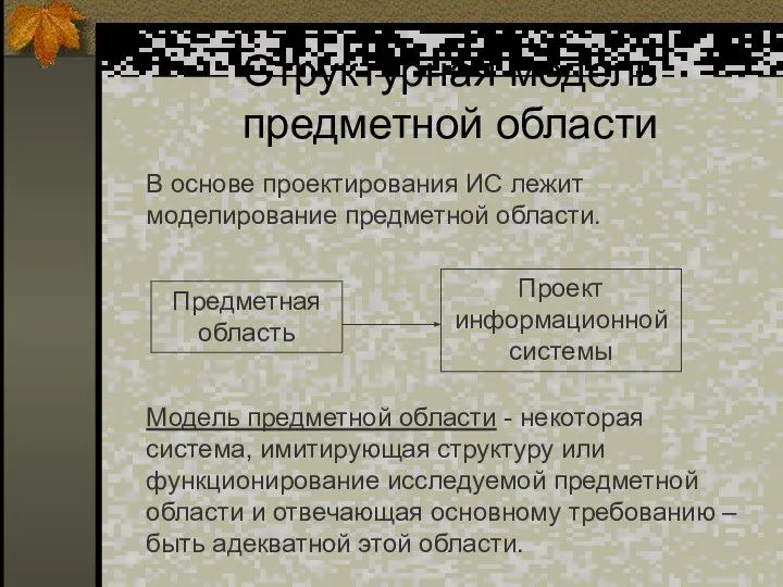 Структурная модель предметной области Предметная область Проект информационной системы В основе