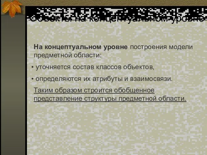 Объекты на концептуальном уровне На концептуальном уровне построения модели предметной области: