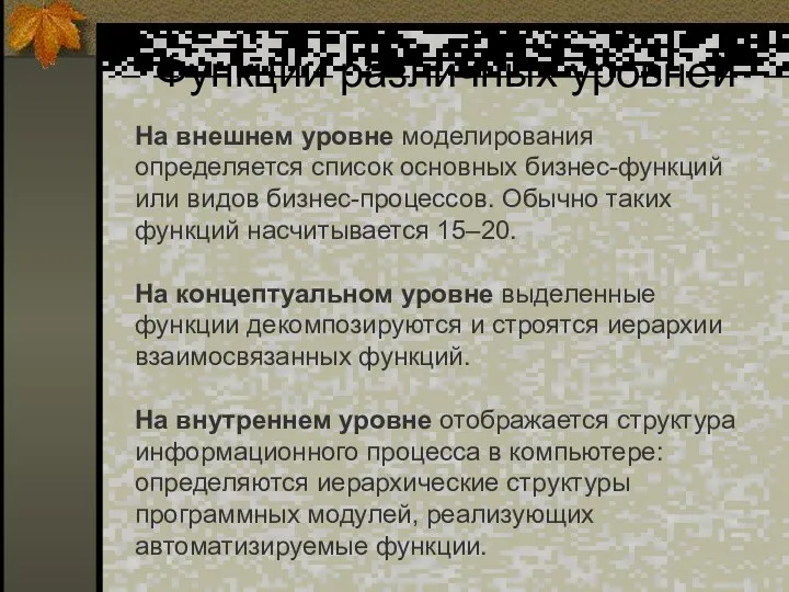 Функции различных уровней На внешнем уровне моделирования определяется список основных бизнес-функций