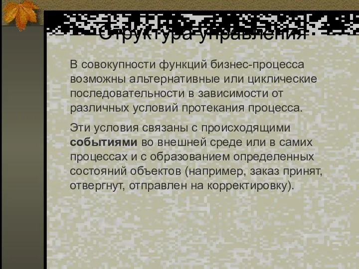 Структура управления В совокупности функций бизнес-процесса возможны альтернативные или циклические последовательности