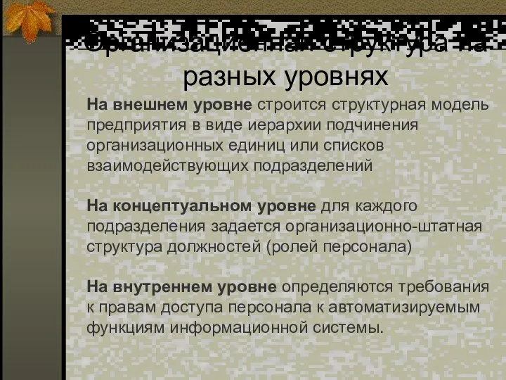 Организационная структура на разных уровнях На внешнем уровне строится структурная модель