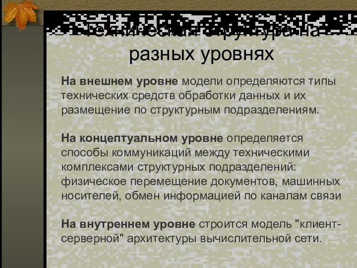 Техническая структура на разных уровнях На внешнем уровне модели определяются типы