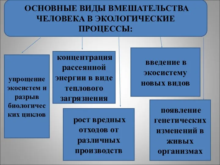 ОСНОВНЫЕ ВИДЫ ВМЕШАТЕЛЬСТВА ЧЕЛОВЕКА В ЭКОЛОГИЧЕСКИЕ ПРОЦЕССЫ: упрощение экосистем и разрыв