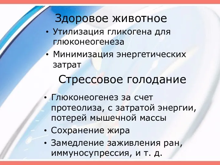 Здоровое животное Утилизация гликогена для глюконеогенеза Минимизация энергетических затрат Стрессовое голодание