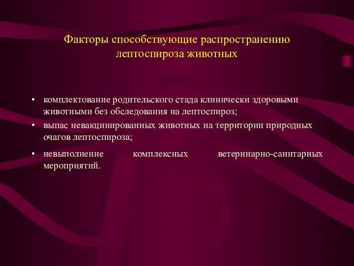 Факторы способствующие распространению лептоспироза животных комплектование родительского стада клинически здоровыми животными