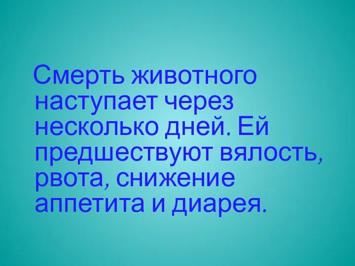 Смерть животного наступает через несколько дней. Ей предшествуют вялость, рвота, снижение аппетита и диарея.