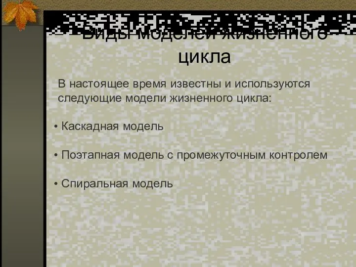 Виды моделей жизненного цикла В настоящее время известны и используются следующие