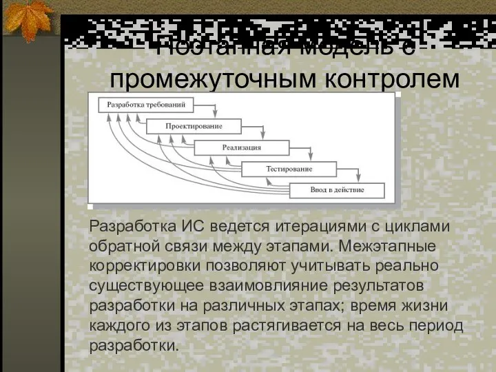 Поэтапная модель с промежуточным контролем Разработка ИС ведется итерациями с циклами