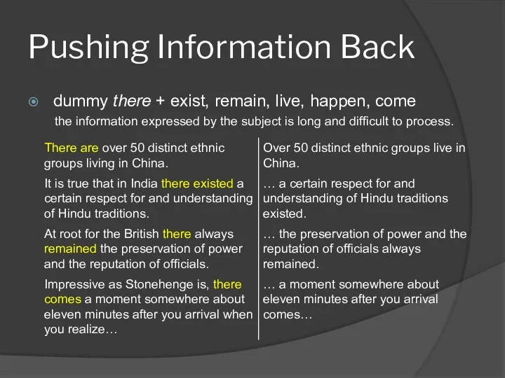 Pushing Information Back dummy there + exist, remain, live, happen, come