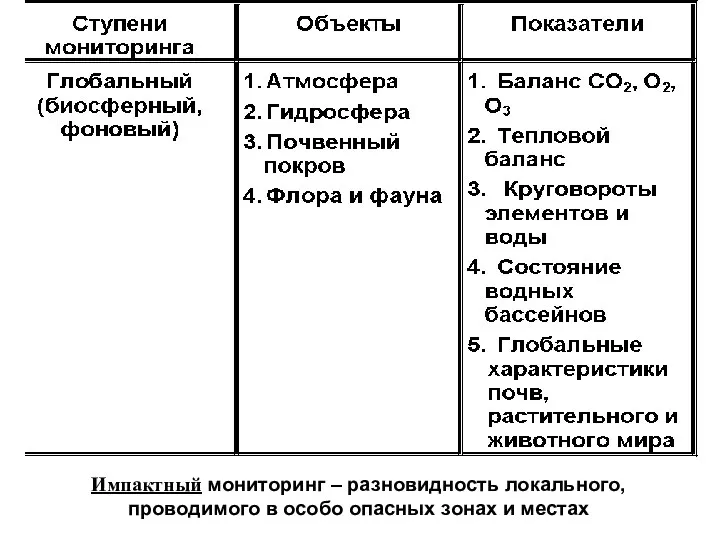 Импактный мониторинг – разновидность локального, проводимого в особо опасных зонах и местах