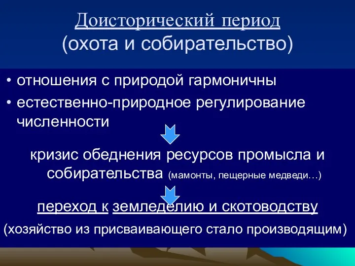 Доисторический период (охота и собирательство) отношения с природой гармоничны естественно-природное регулирование