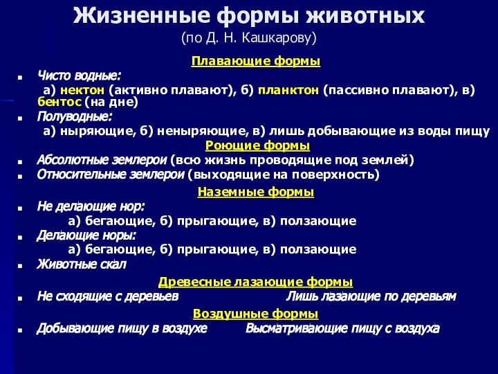 Жизненные формы животных (по Д. Н. Кашкарову) Плавающие формы Чисто водные: