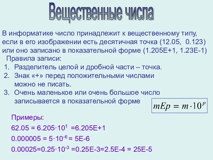 Вещественные числа В информатике число принадлежит к вещественному типу, если в