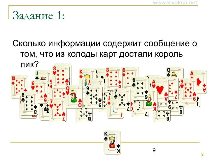 Задание 1: Сколько информации содержит сообщение о том, что из колоды карт достали король пик?