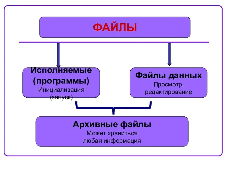 ФАЙЛЫ Исполняемые (программы) Инициализация (запуск) Архивные файлы Может храниться любая информация Файлы данных Просмотр, редактирование