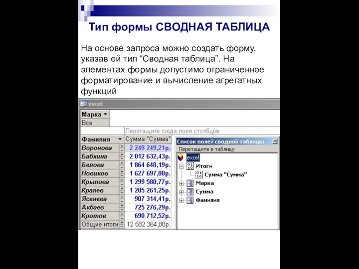 Тип формы СВОДНАЯ ТАБЛИЦА На основе запроса можно создать форму, указав