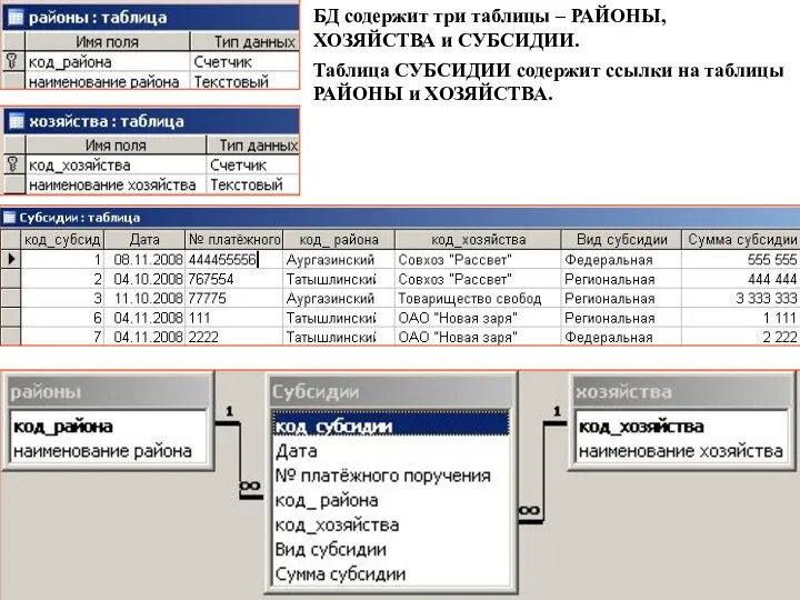 БД содержит три таблицы – РАЙОНЫ, ХОЗЯЙСТВА и СУБСИДИИ. Таблица СУБСИДИИ