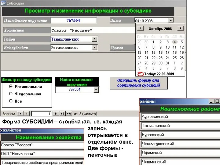 Форма СУБСИДИИ – столбчатая, т.е. каждая запись открывается в отдельном окне. Две формы - ленточные