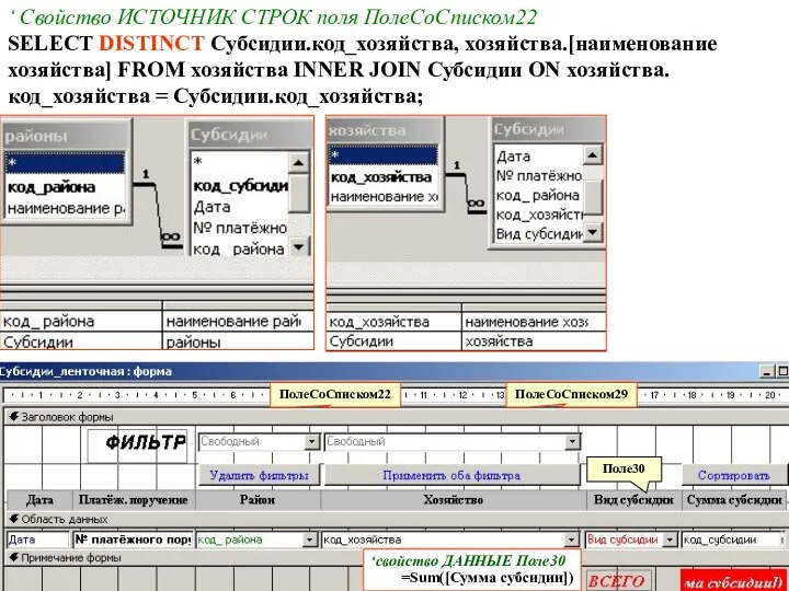 ‘свойство ДАННЫЕ Поле30 =Sum([Сумма субсидии]) Поле30 ‘ Свойство ИСТОЧНИК СТРОК поля